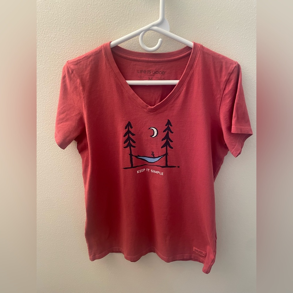 Life Is Good Pink V-Neck Tee with Night Camp Graphic